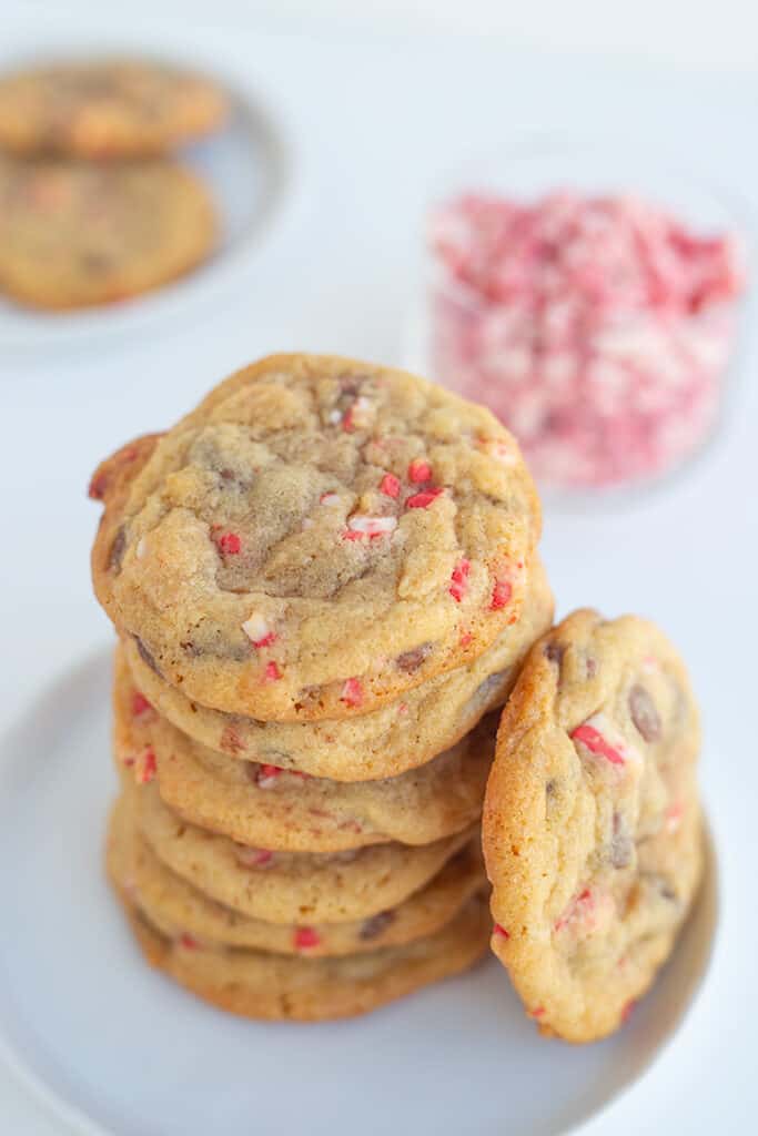 overhead photo of a stack of cookies showing the speckles of peppermint