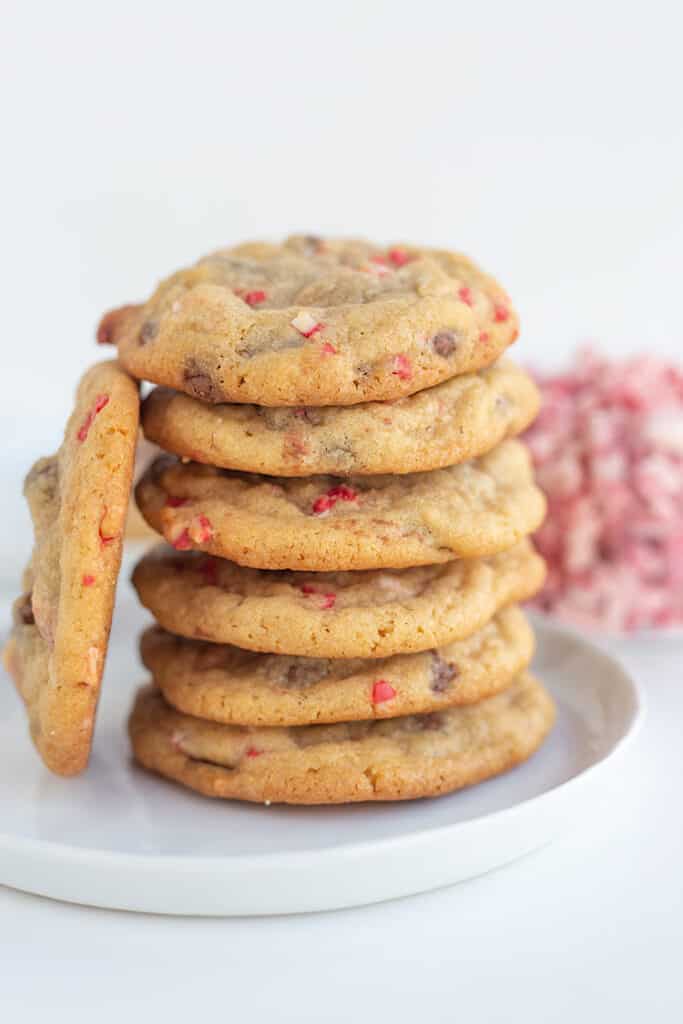 stack of cookies with a cookie propped against the stack on a white plate