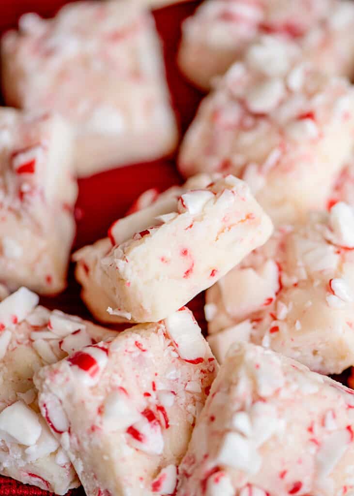fudge scattered on a red fabric