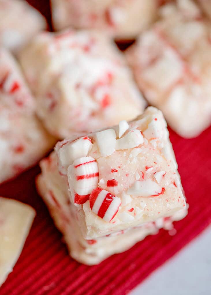 fudge stacked on a red fabric