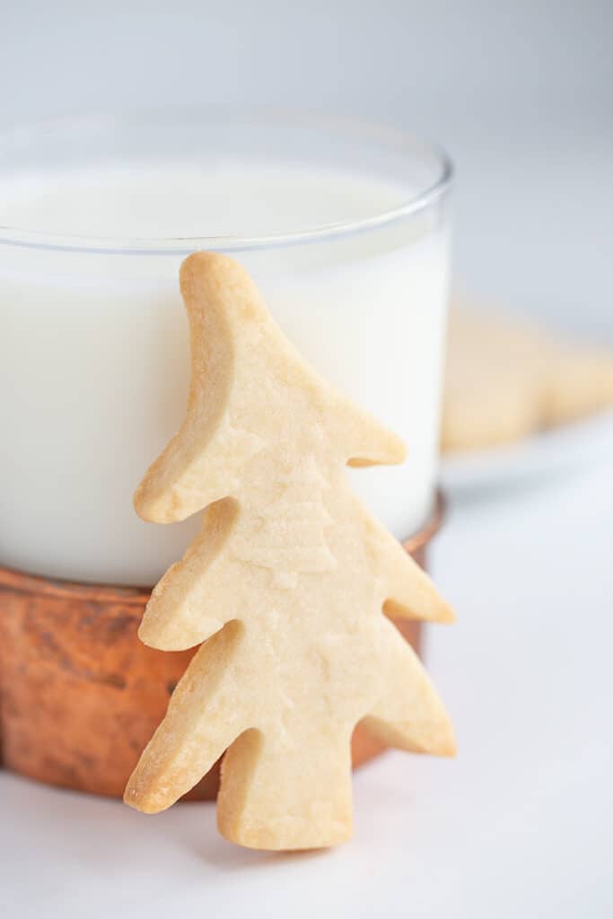 christmas cookie propped up against a glass of milk