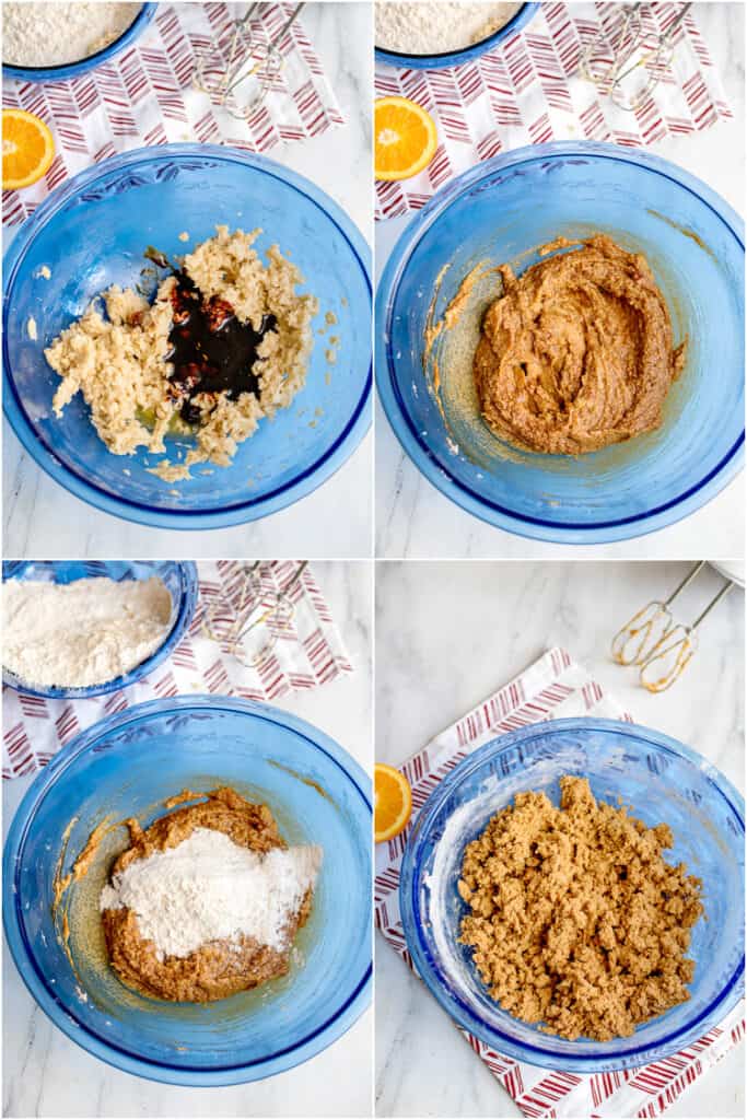 collage of photos alternating adding in molasses mixture and flour mixture in a blue bowl