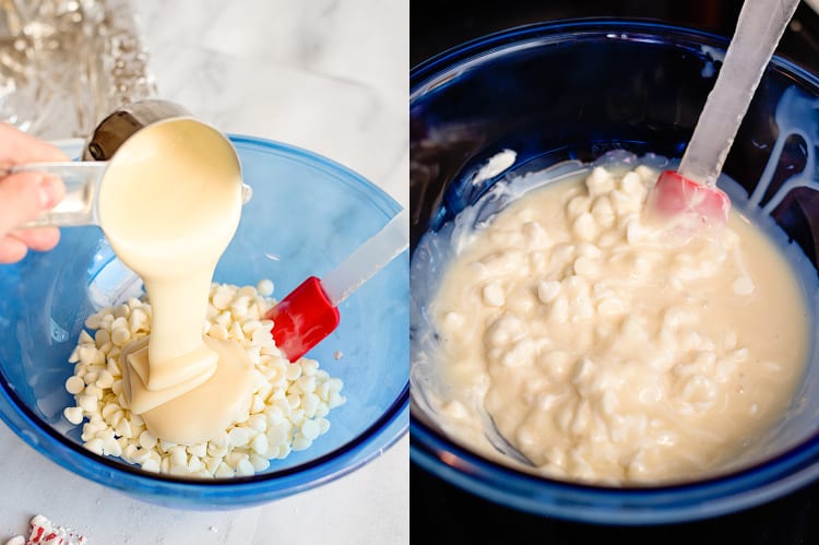 collage showing step-by-step how to add the first two ingredients and melt them