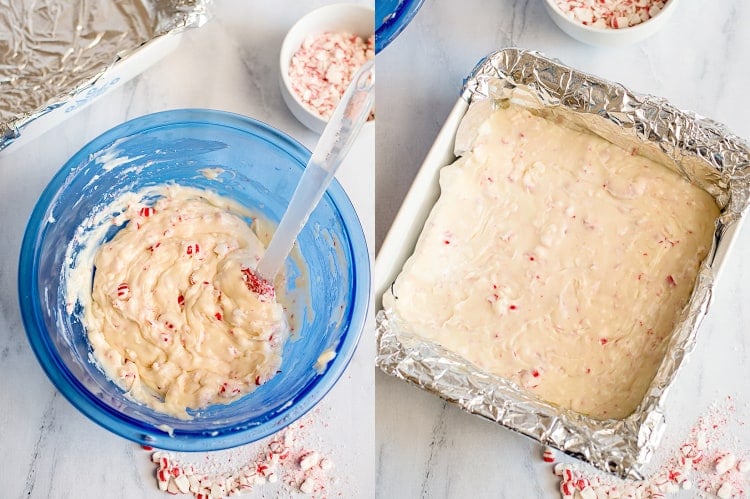 collage showing adding in the peppermints and extract and pouring into the prepared pan