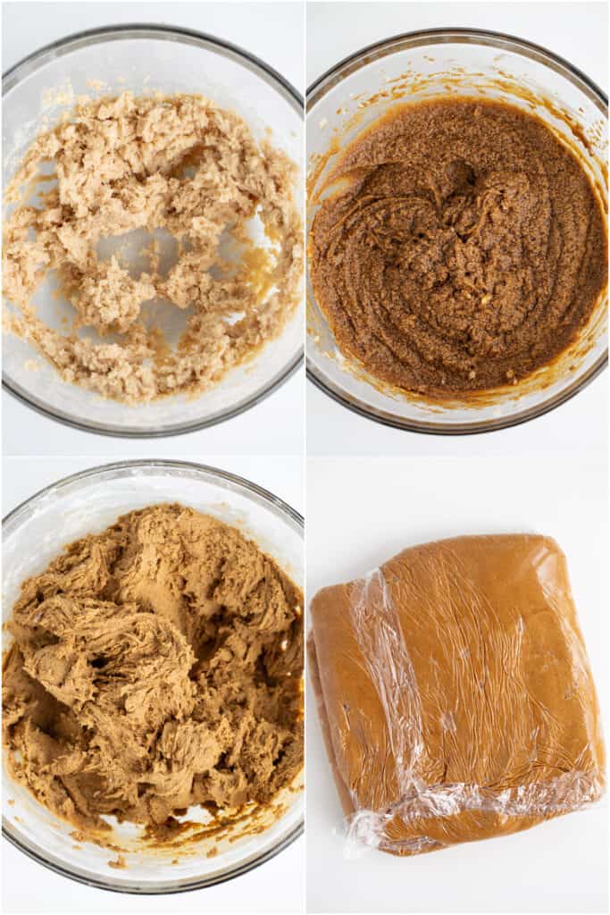collage of photos on how to make the gingerbread cookie dough on a white surface