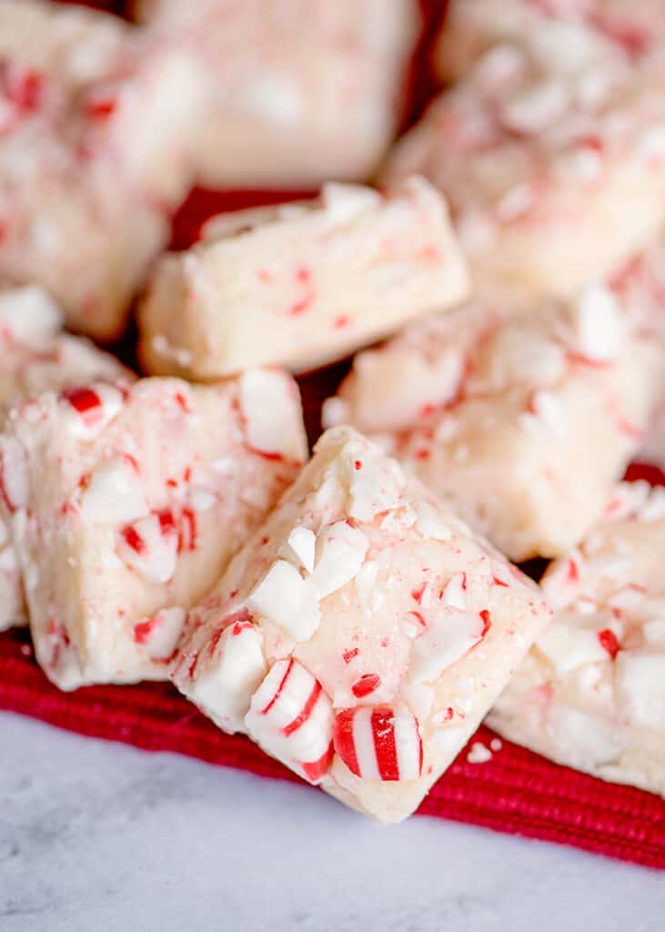fudge on a red fabric on a marbled surface