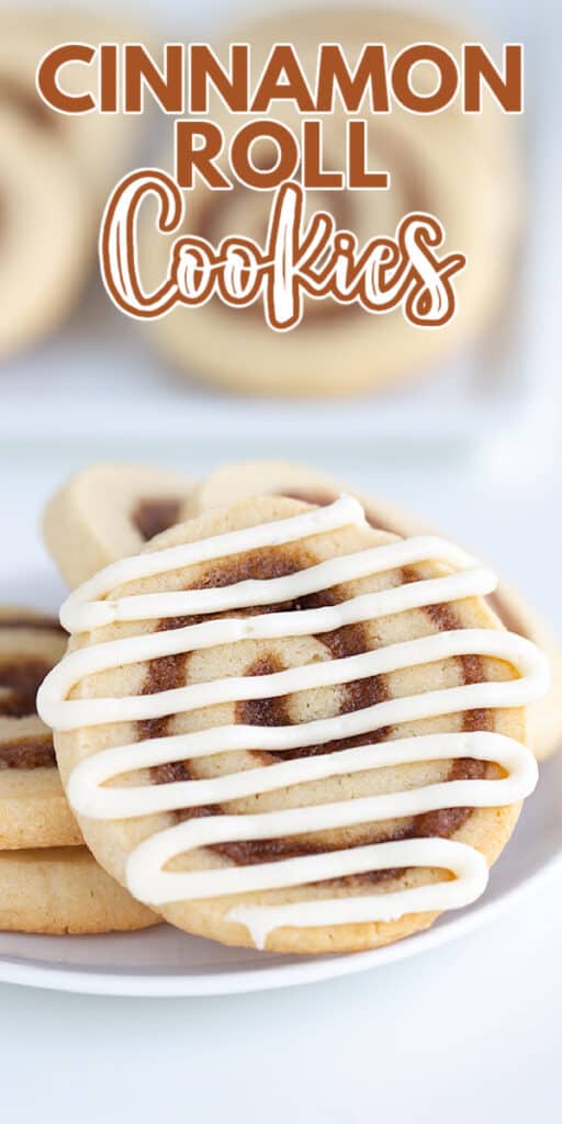zoomed in photo of a cookie on a white plate with the recipe name in text at the top