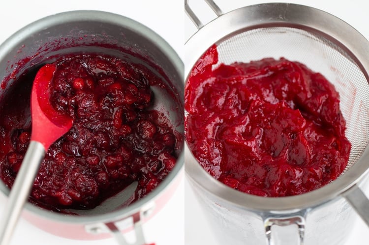 collage showing the cranberry sauce and the cranberry puree