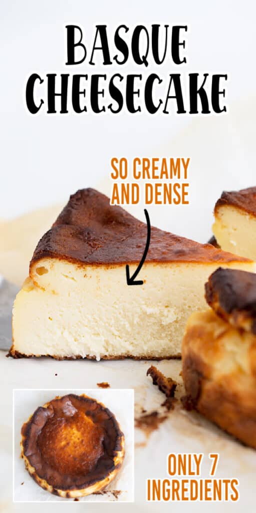 close up of cheesecake with text describing cheesecake and recipe name