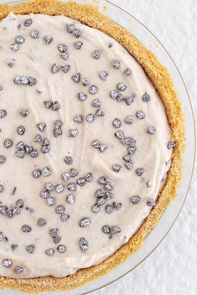 overhead photo of cannoli pie on a white background