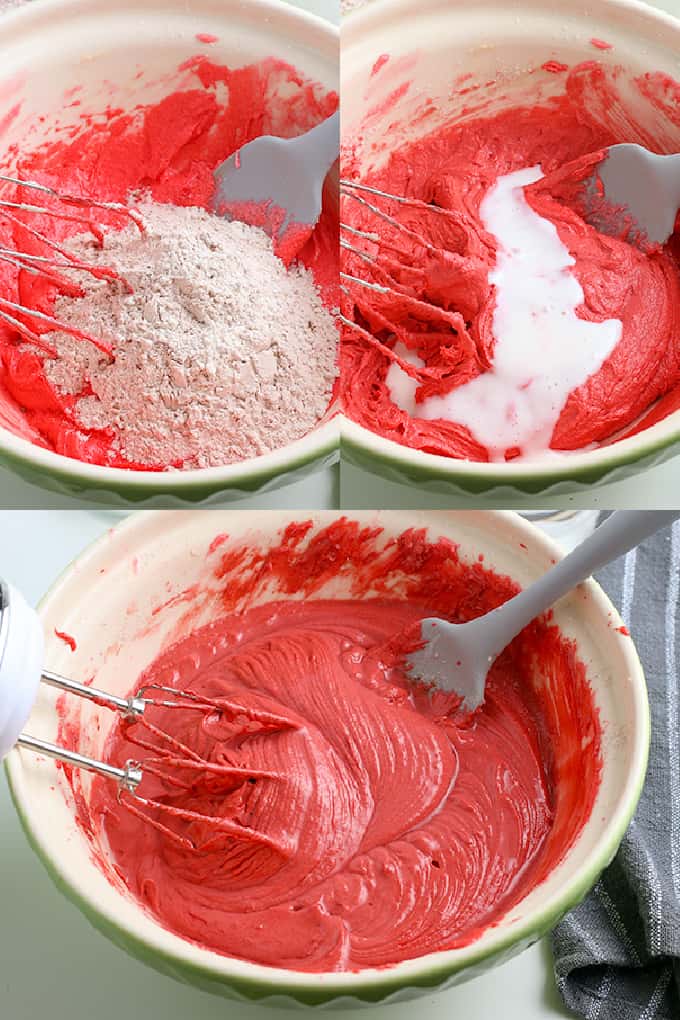 collage showing the dry ingredients and buttermilk one at a time to the red velvet cake batter