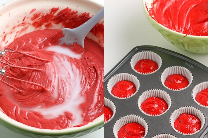 collage adding the vinegar and baking soda to the batter and adding the batter in the cupcake pan