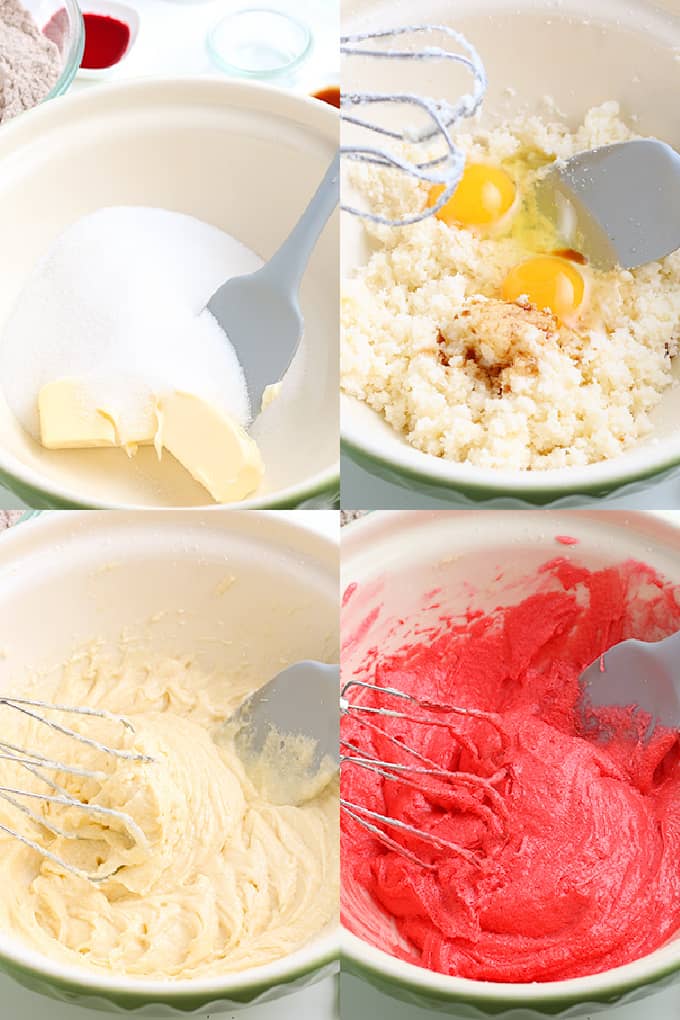 collage showing step-by-step photos on how to make the red velvet cupcakes