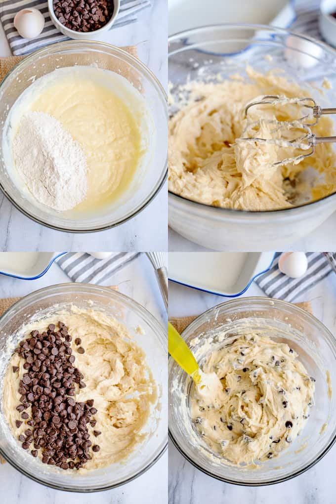 collage showing the glass bowl with dry ingredients, mixing the ingredients, chocolate chips, mixing