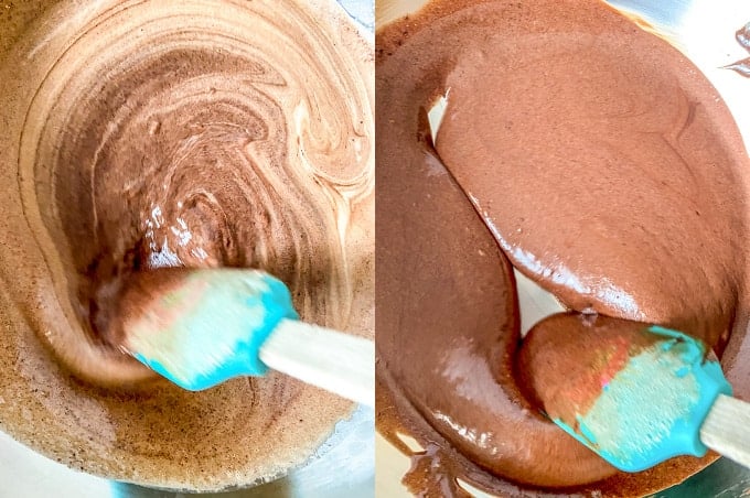 collage of photos of stirring in chocolate in glass bowl with a spatula