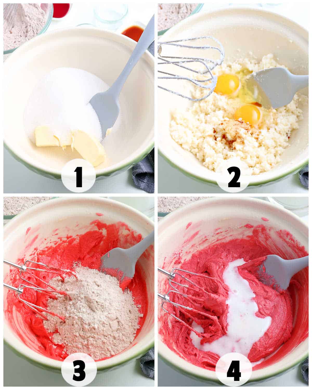 Four-step collage showing a mixing bowl with: 1) butter and sugar, 2) eggs added, 3) dry ingredients added to pink Red Velvet Cupcakes batter, 4) milk being mixed into the pink batter.