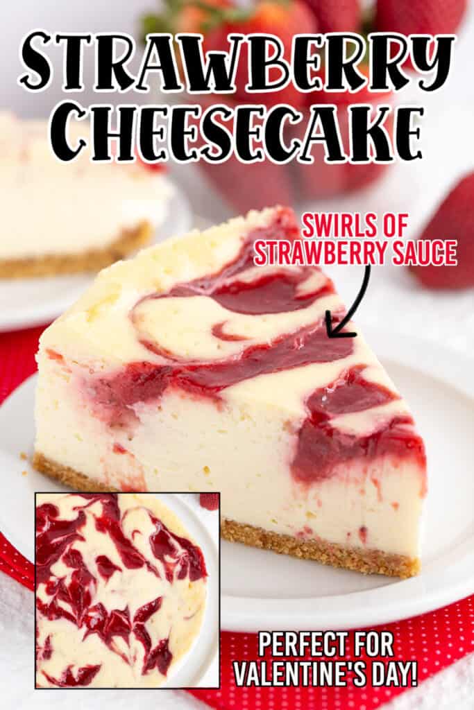 upclose picture of a slice of cheesecake on a white plate with text