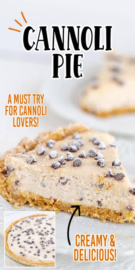 zoomed in photo of slice of cannoli pie with text describing pie and the recipe name at the top