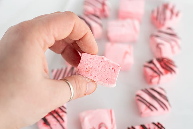 holding a marshmallow showing off the side of it