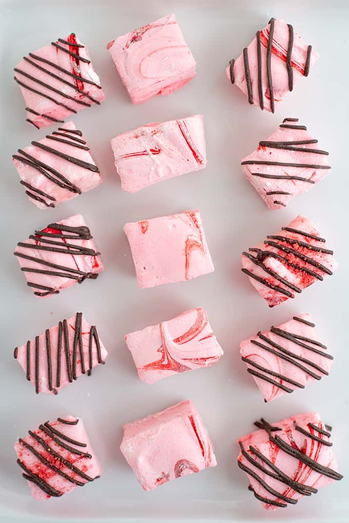 overhead photo of the squares of marshmallow on a white platter