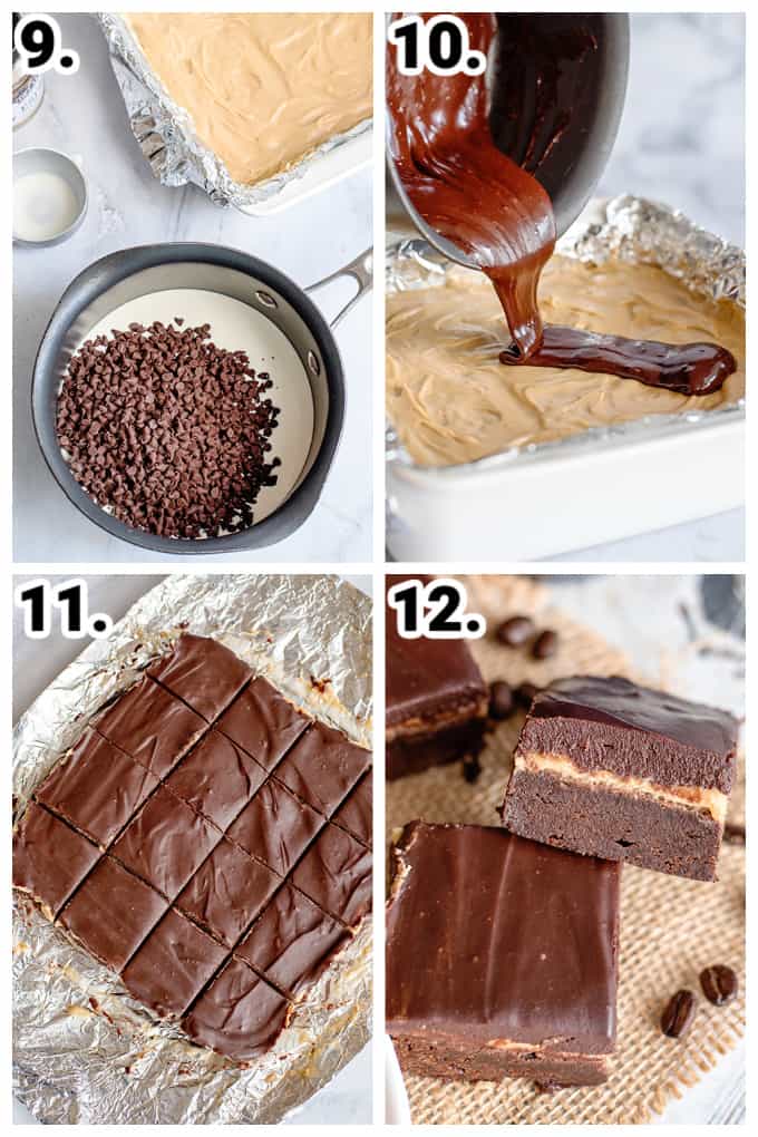 collage showing how to make ganache and adding it to the coffee brownie