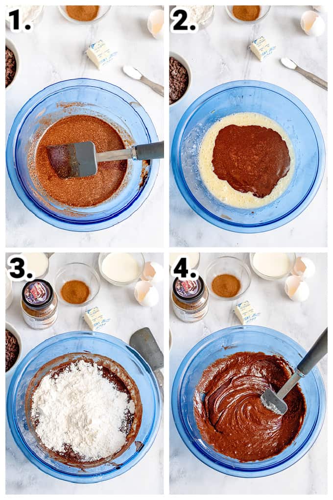 collage of photos adding ingredients to a blue bowl to make brownies