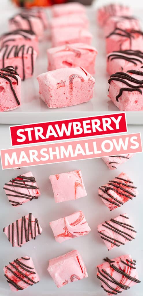 collage up photos showing strawberry marshmallows on a platter from the side and overhead