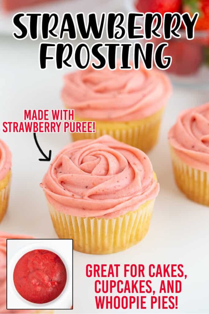 zoomed in image of a cupcake with frosting on it and the recipe name in text at the top