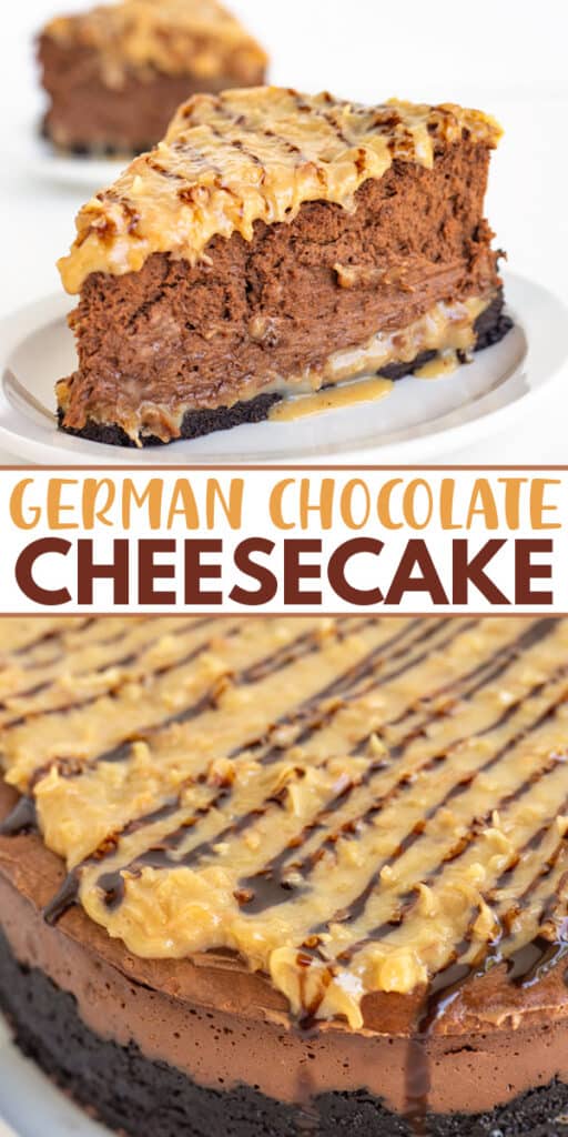 collage showing a slice of cheesecake and an overhead shot of the cheesecake with text in the middle