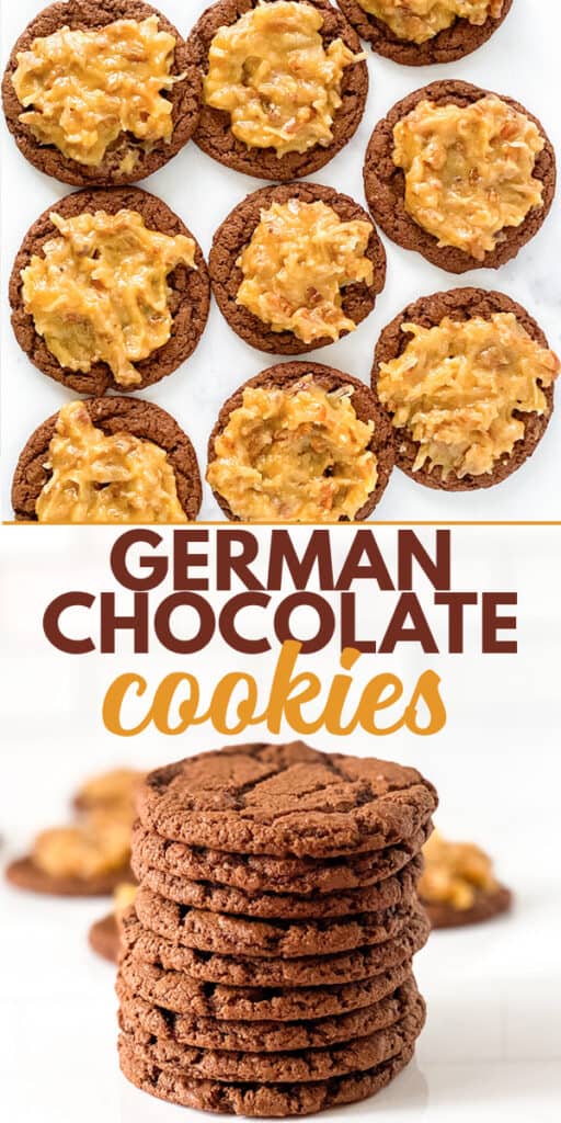 collage showing a close up overhead photo of the cookies on a white surface and a second image of a stack of chocolate cookies with text in the middle
