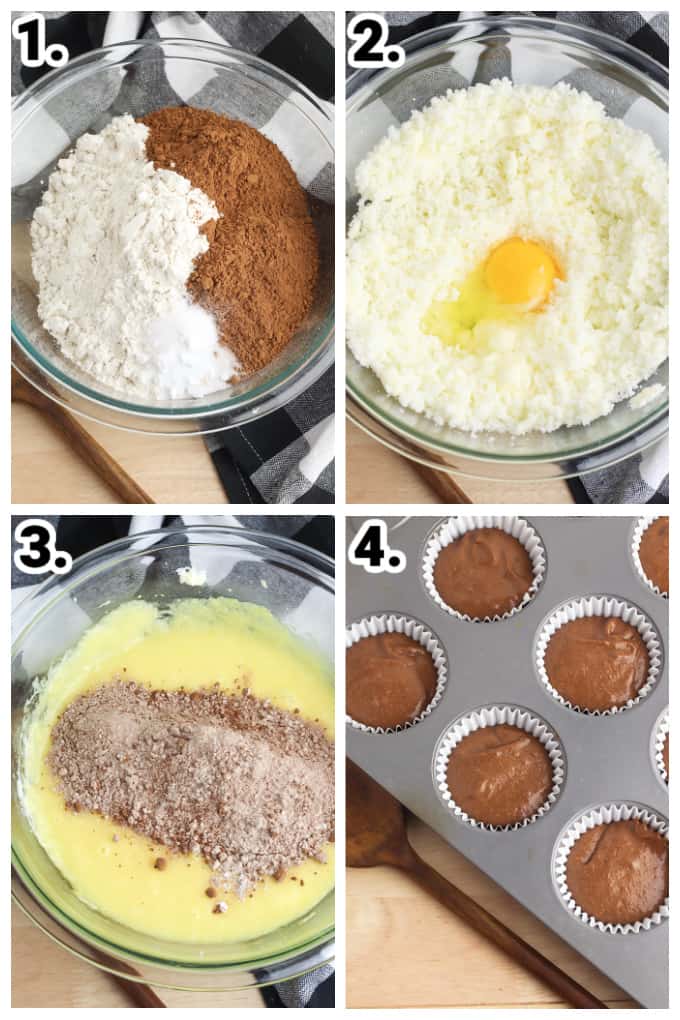 collage showing step-by-step photos on how to make the chocolate cupcakes