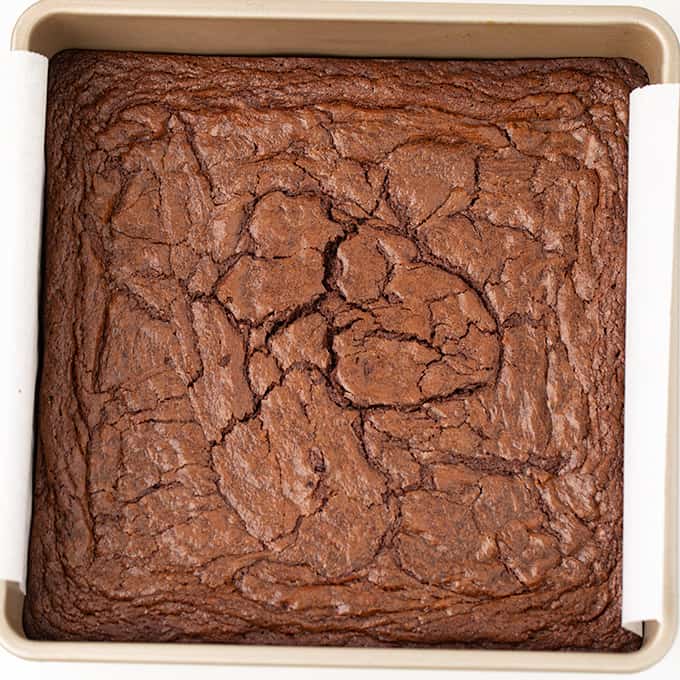 homemade brownies in a golden square pan with a white background