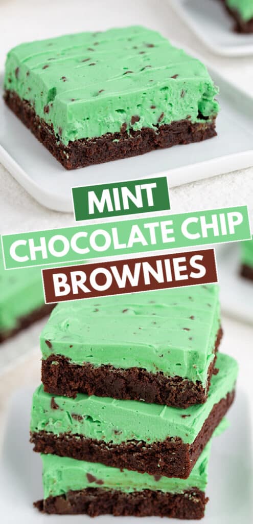collage of brownies showing a single brownie on a plate and a second photo of a stack of brownies with text boxes in the middle