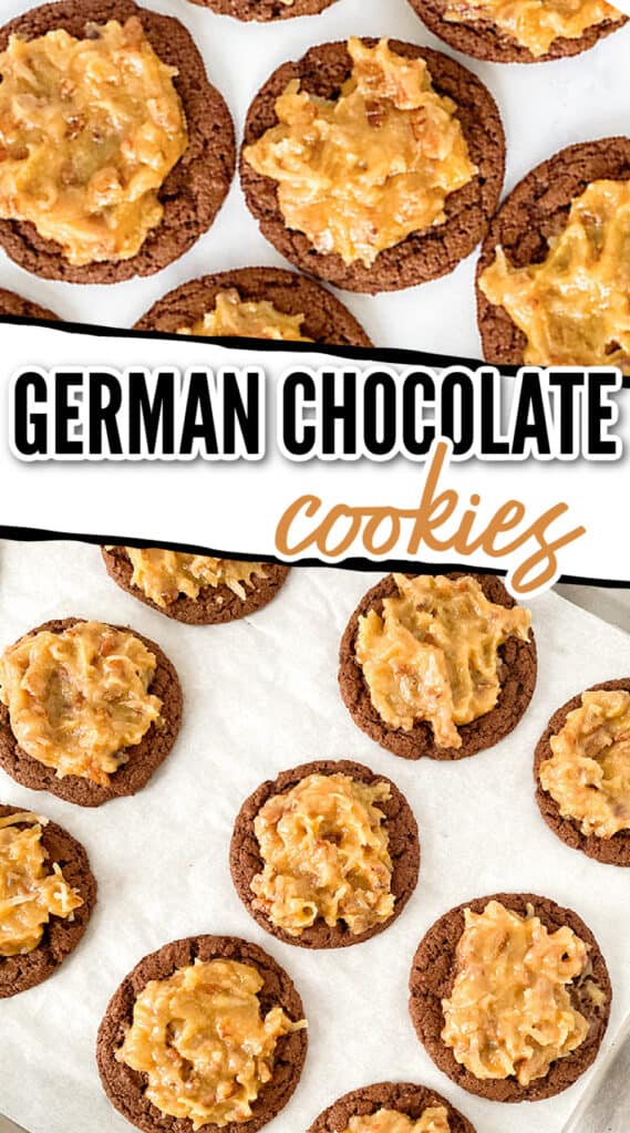 collage showing zoomed in overhead images of the german chocolate cookies with text in between the images