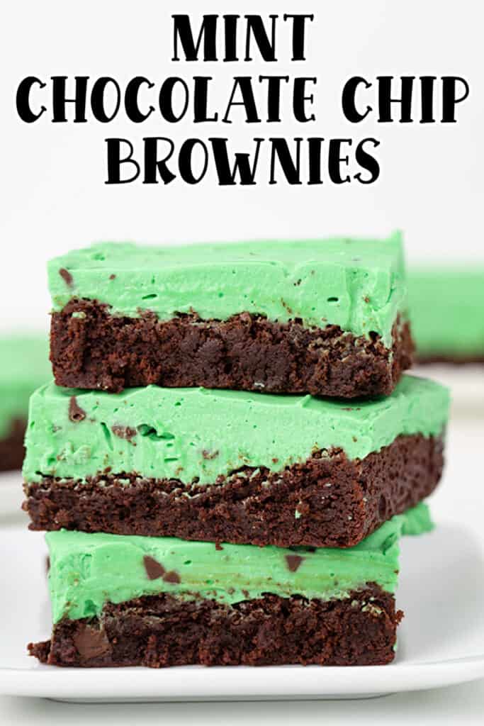 zoomed in image of a stack of brownies with the recipe name at the top