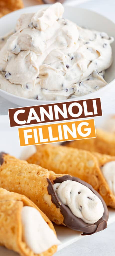 collage showing a filled cannoli shell and a second image of a bowl of cannoli cream filling in a glass bowl with the recipe name in the middle