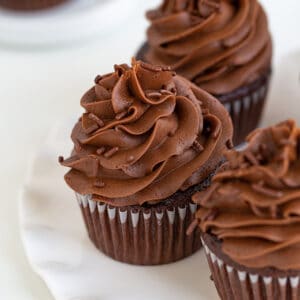 square image of chocolate cupcakes with a tall swirl of chocolate buttercream frosting