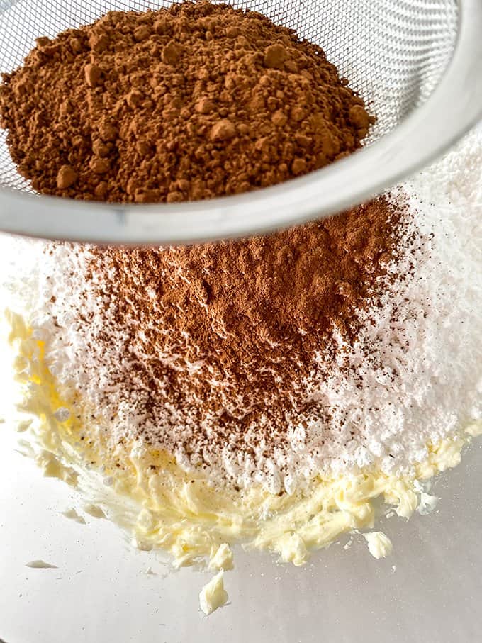 sifted cocoa powder into a glass bowl with the rest of the ingredients