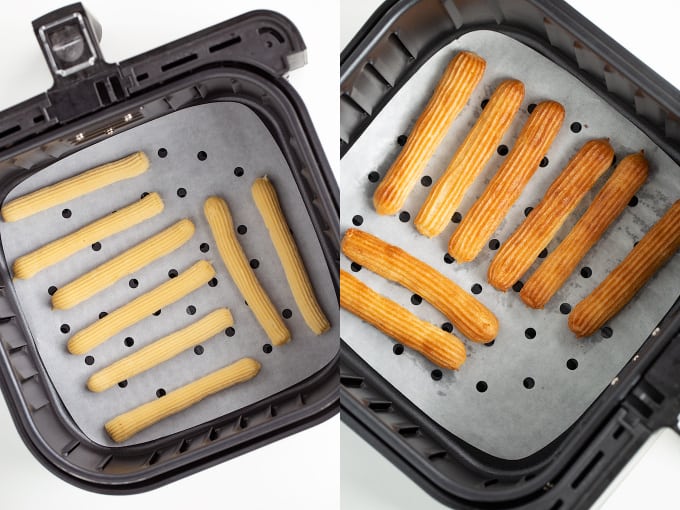 collage showing the raw churros in the air fryer and then after they've been cooked