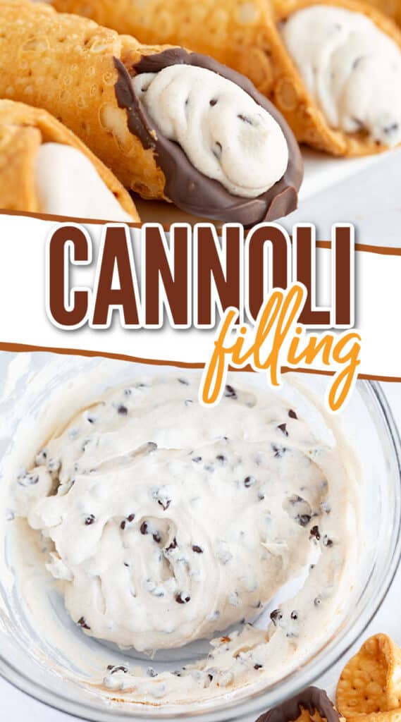 collage showing a filled cannoli shell and a second image of a bowl of cannoli cream filling in a glass bowl with the recipe name in the middle