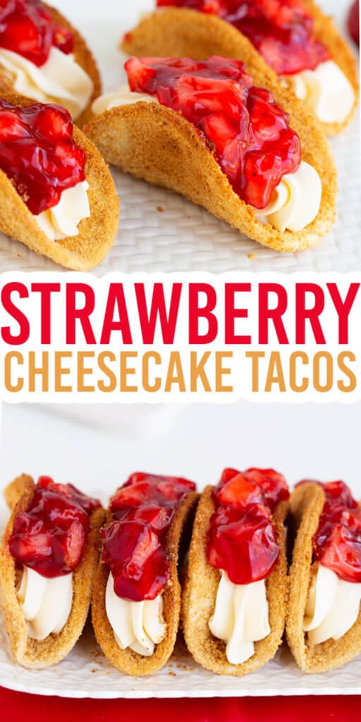 close up of a cheesecake taco on a white surface with text for the recipe name in the middle and the tacos lined up on a white cutting board with a red linen under it on the bottom image