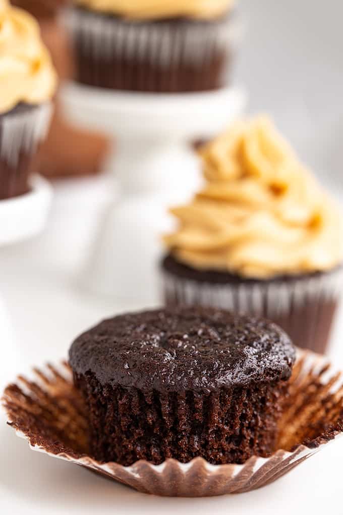 cupcake that's been unwrapped showing the cake