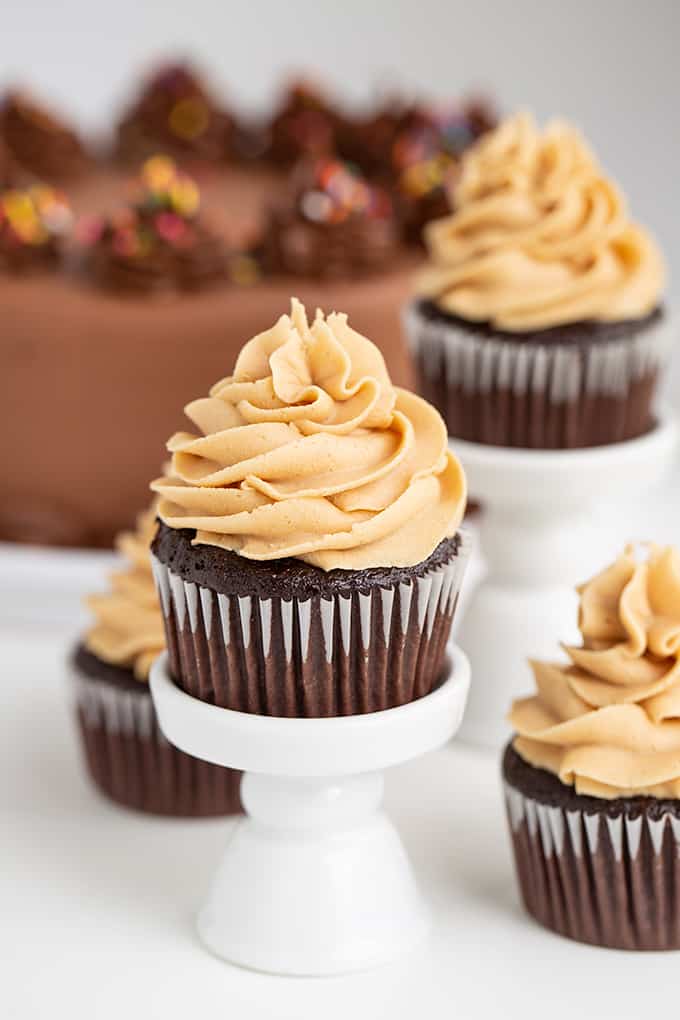 chocolate cupcake on a white cupcake stand with a chocolate cake behind it and cupcakes