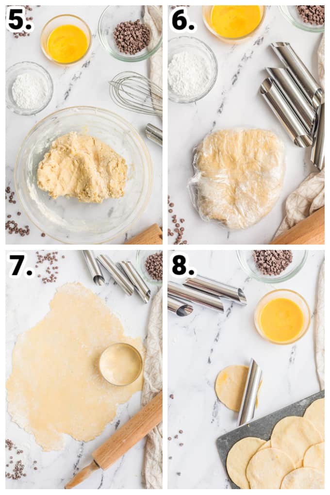collage of photos showing step by step how to form the cannoli shells