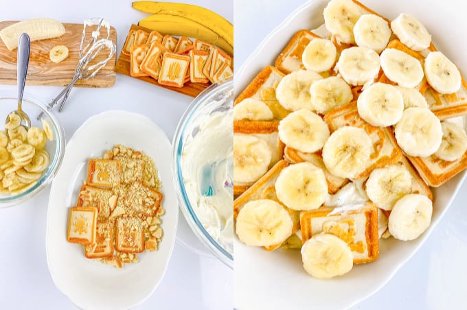 collage adding the layers of banana pudding in a casserole dish