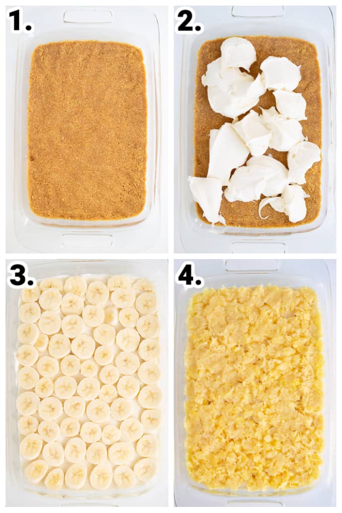 collage showing step by step on how to make no bake banana split cake