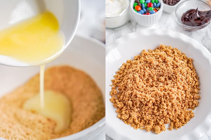 collage showing how to make the graham cracker crust