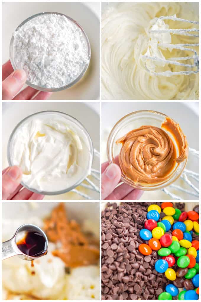 collage showing ingredients that are being added to make the pie