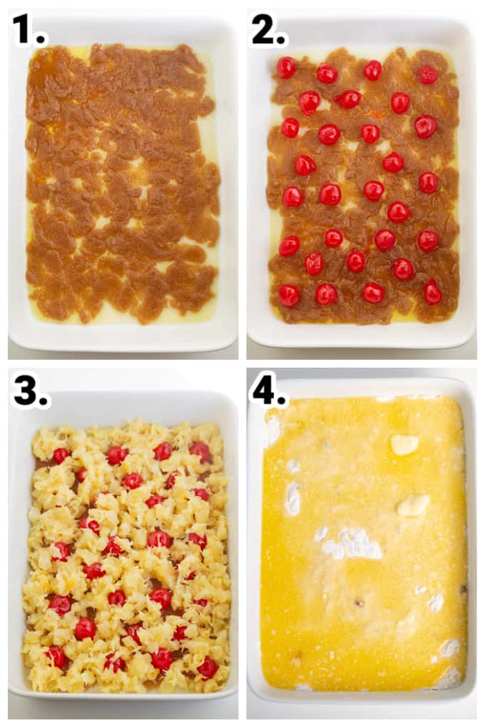 collage showing step by step photos on how to make pineapple upside down dump cake