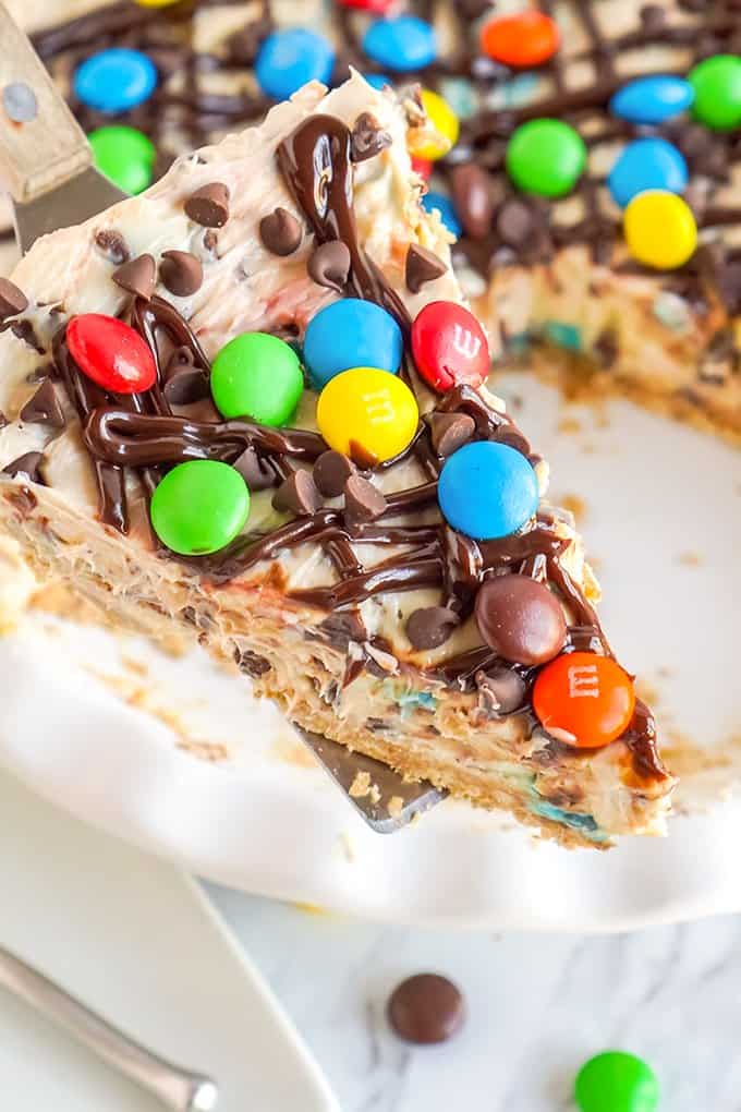 No Bake Monster Cookie Dough Cheesecake Pie